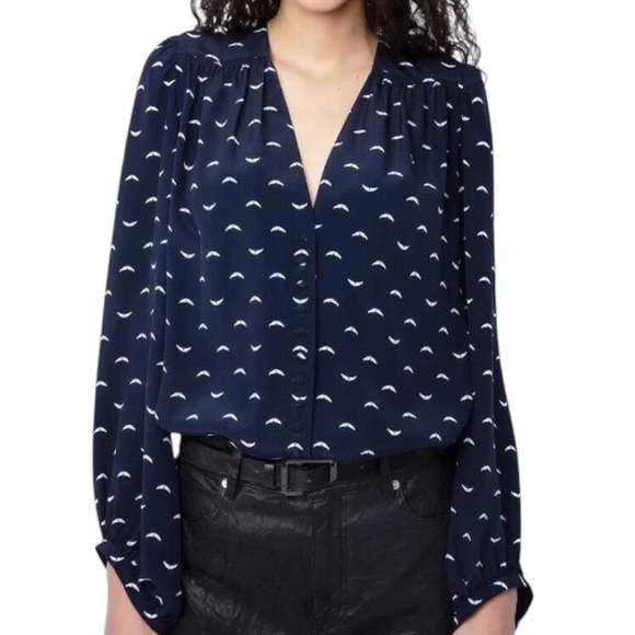 Zadig & Voltaire Turin Polka Wings Silk Balloon Sleeve V-Neck Button-Up Top - Picture 1 of 6